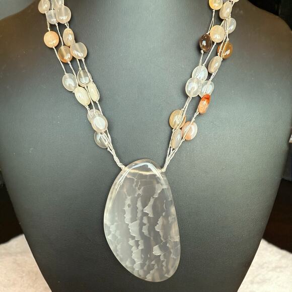 LUCAS LAMETH LUC Sterling 925 Agate Bead & Large Slice Pendant Necklace 18” - Picture 1 of 11